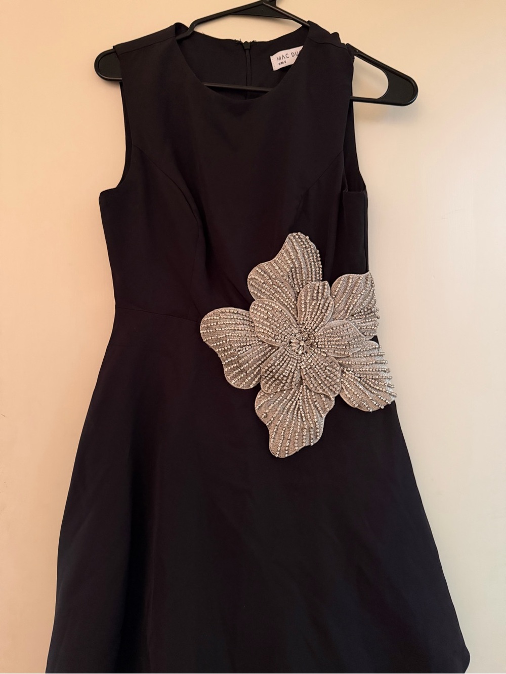 Mac Duggal Black Fit-and-Flare Mini Dress with Rhinestone Flower - Picture 2 of 2